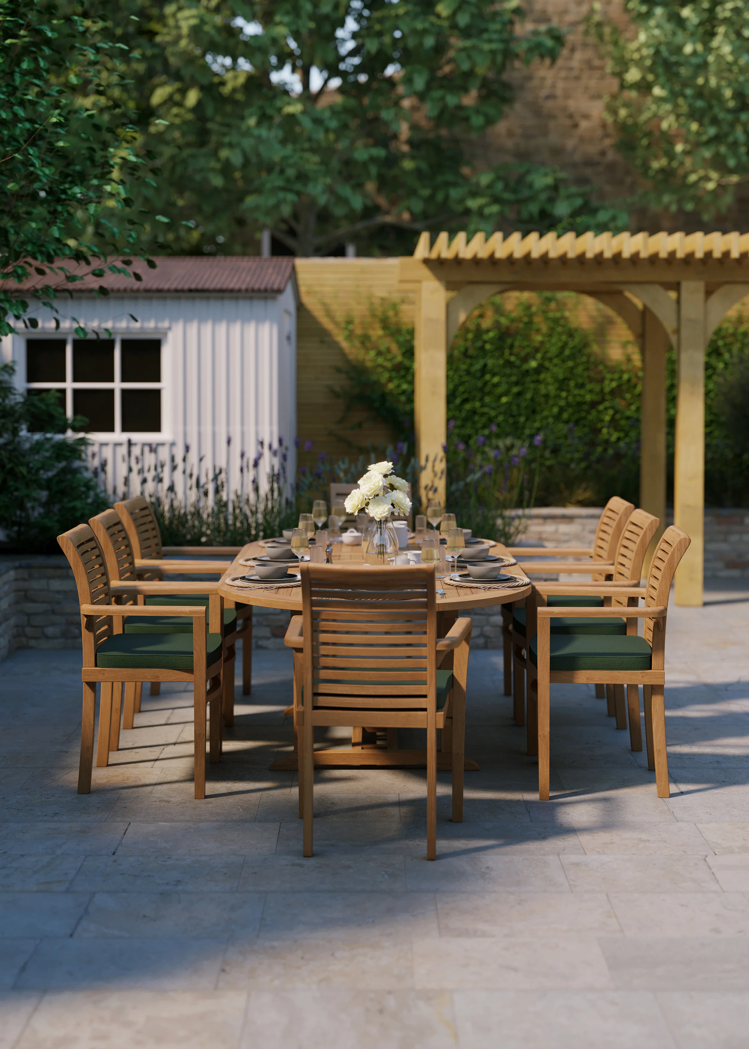 180cm to 240cm Teak Oval Extending Table with 8 Oxford Stacking Chairs - Image 3