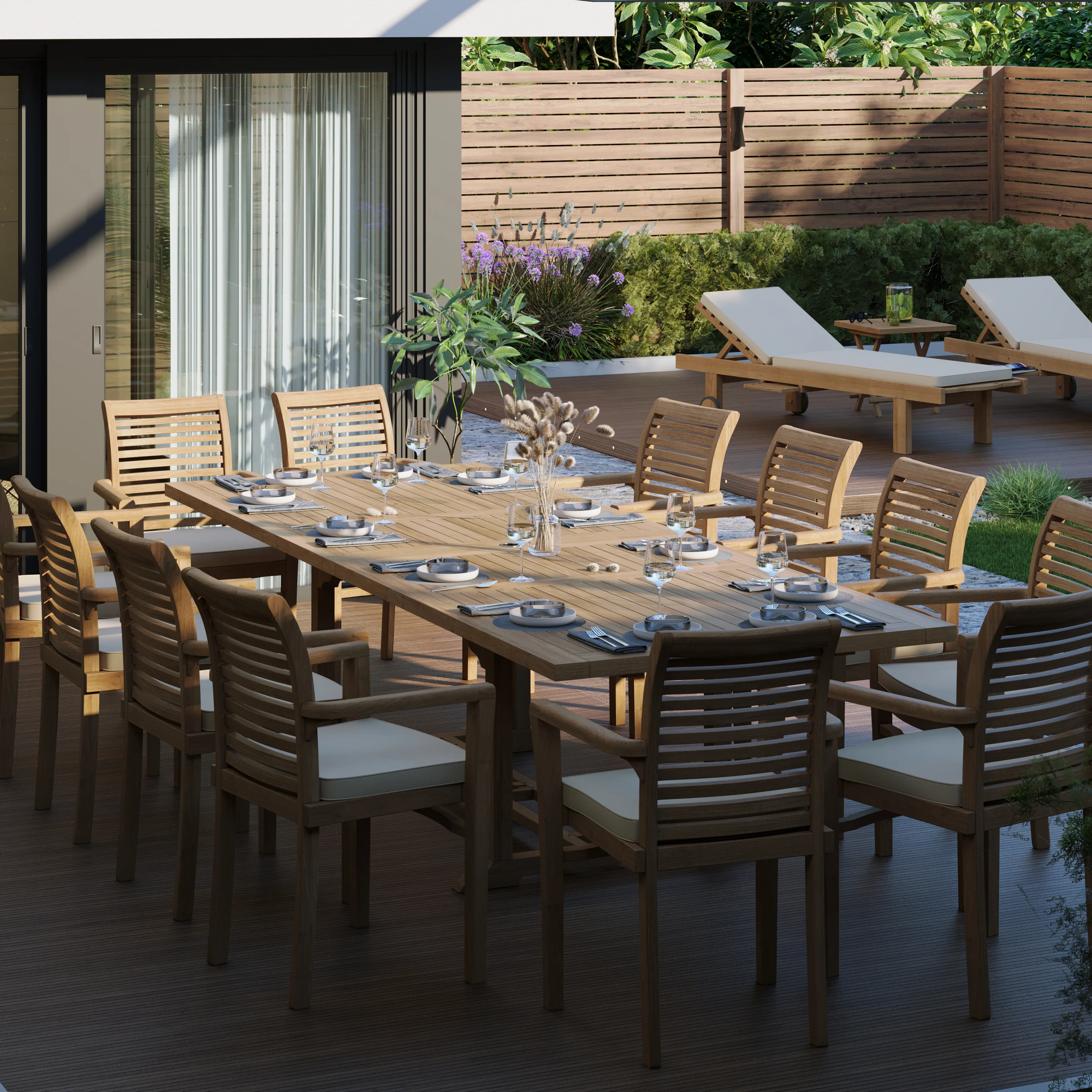 Giant Teak Set 2-3m Rectangle Extending Table 12 Oxford Stacking Chairs - Image 4