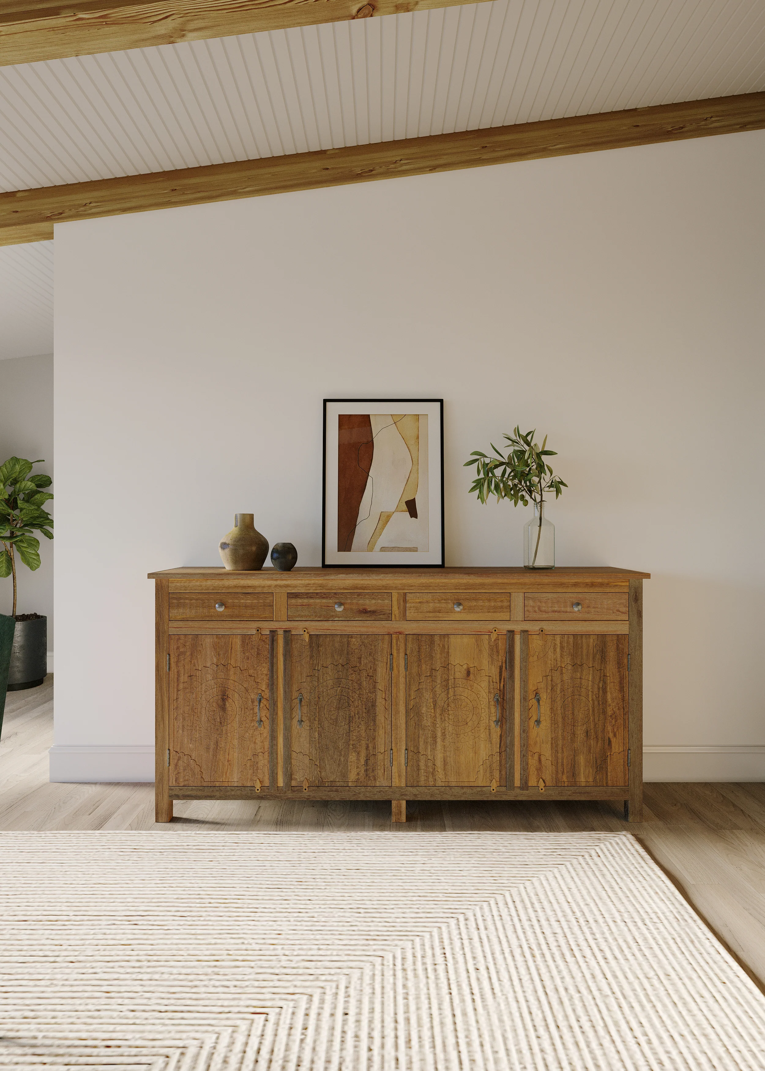 Handcrafted Natural Sideboard, Floral Carving, Medium Brown 150cm + 180cm - Image 3