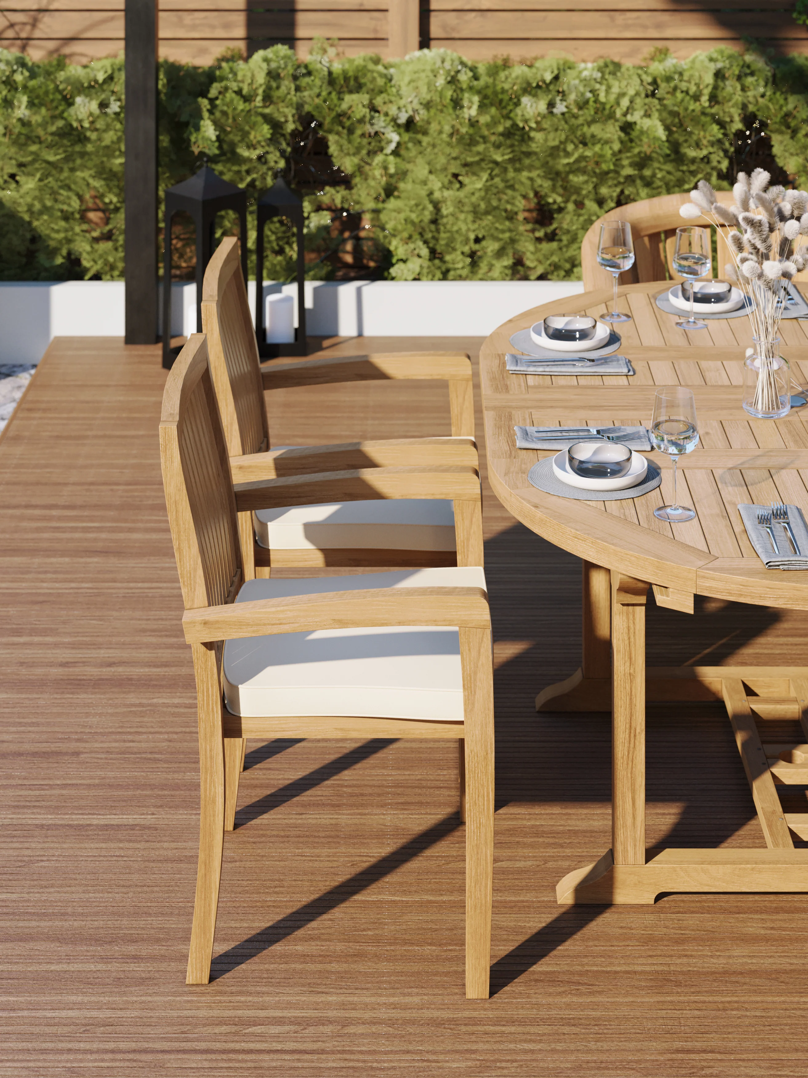 Teak 4cm Top Round To Oval 120-170cm Extending Table (4 Henley Stacking Chairs 2 San Francisco Chairs) Cushions included. - Image 4