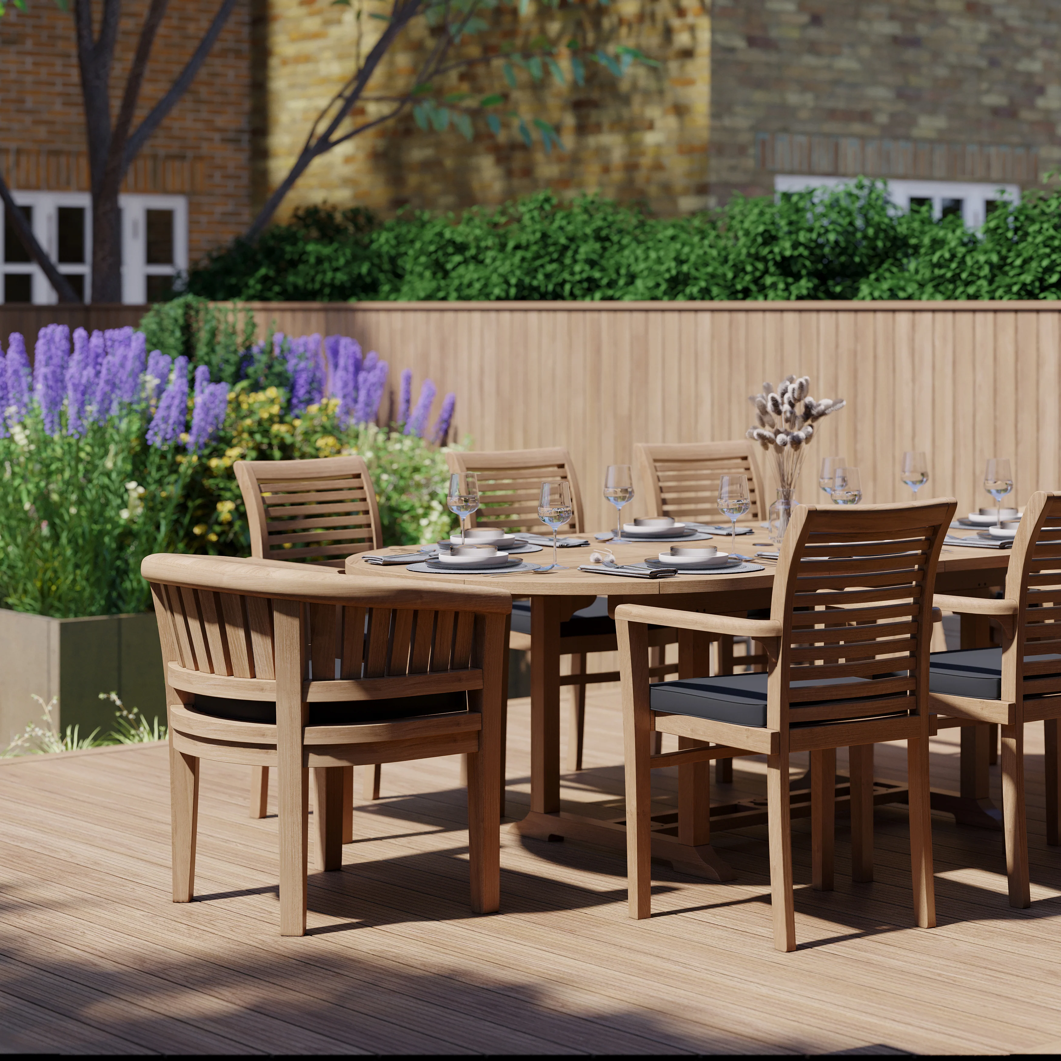 Teak 180cm to 240cm Oval Extending Table with 6 Oxford Stacking Chairs & 2 San Francisco Chairs - Image 4