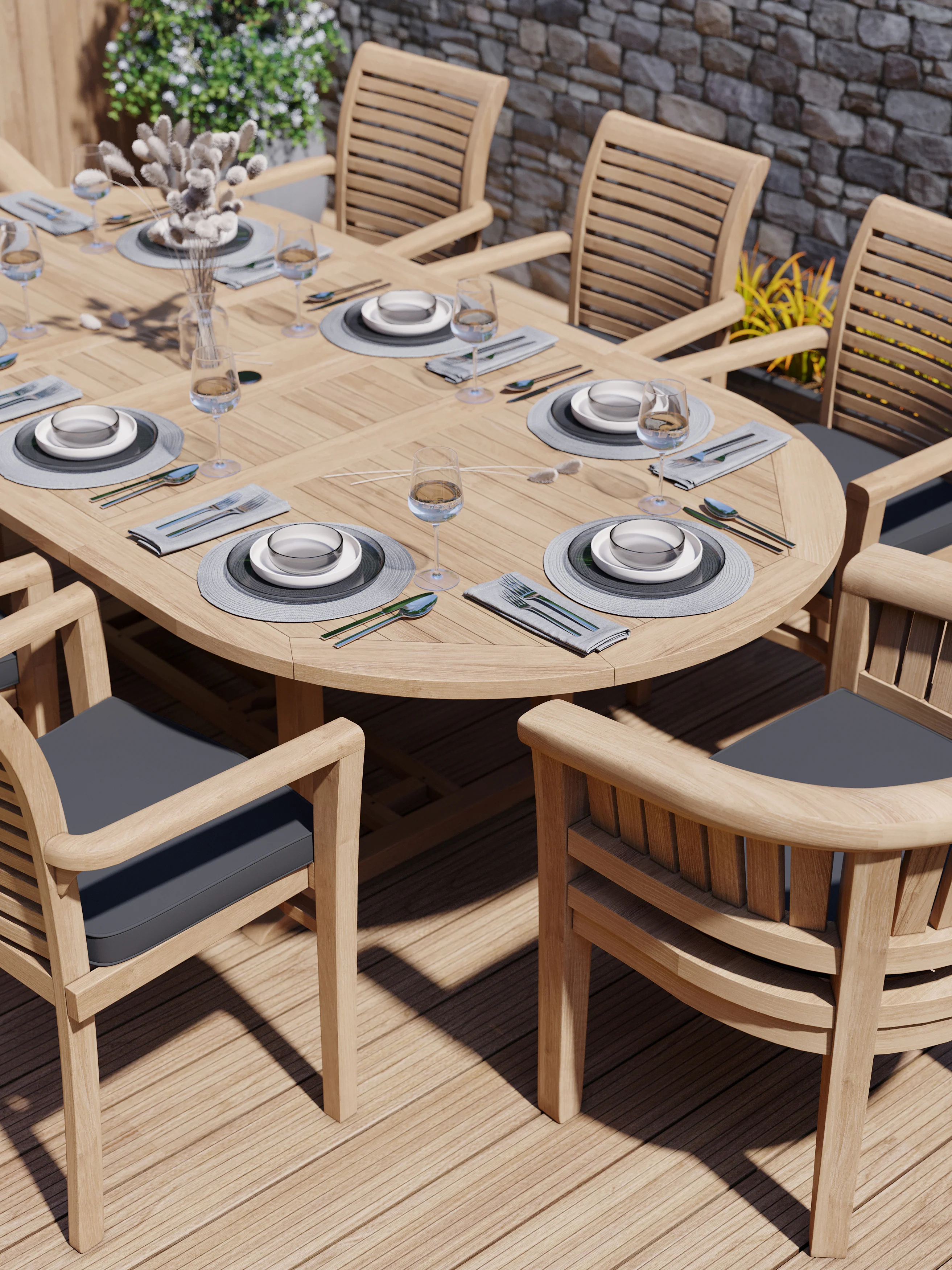 Teak 180cm to 240cm Oval Extending Table with 6 Oxford Stacking Chairs & 2 San Francisco Chairs - Image 5