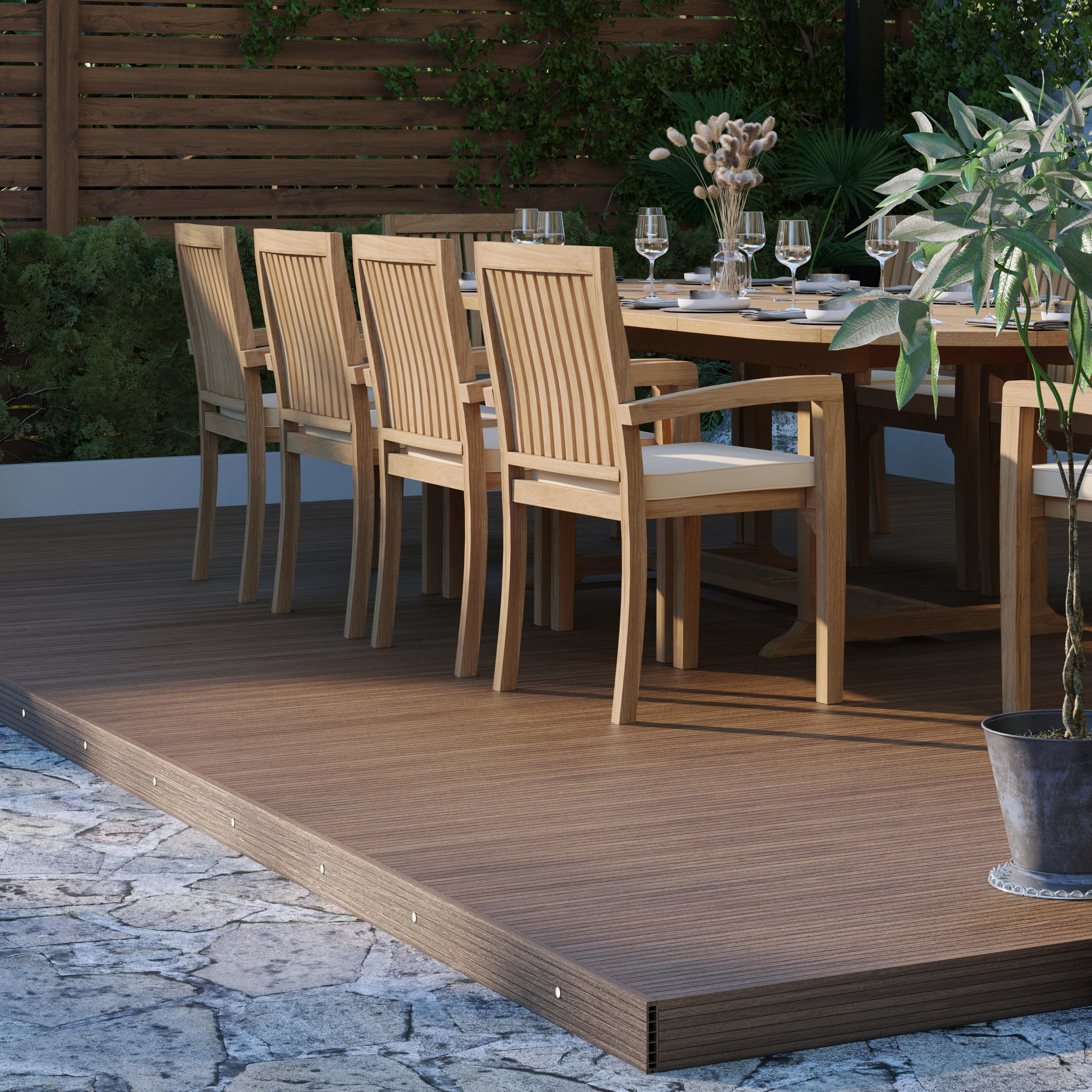 Teak 2m-3m Oval Extending Table with 10 Henley Stacking Chairs - Image 3