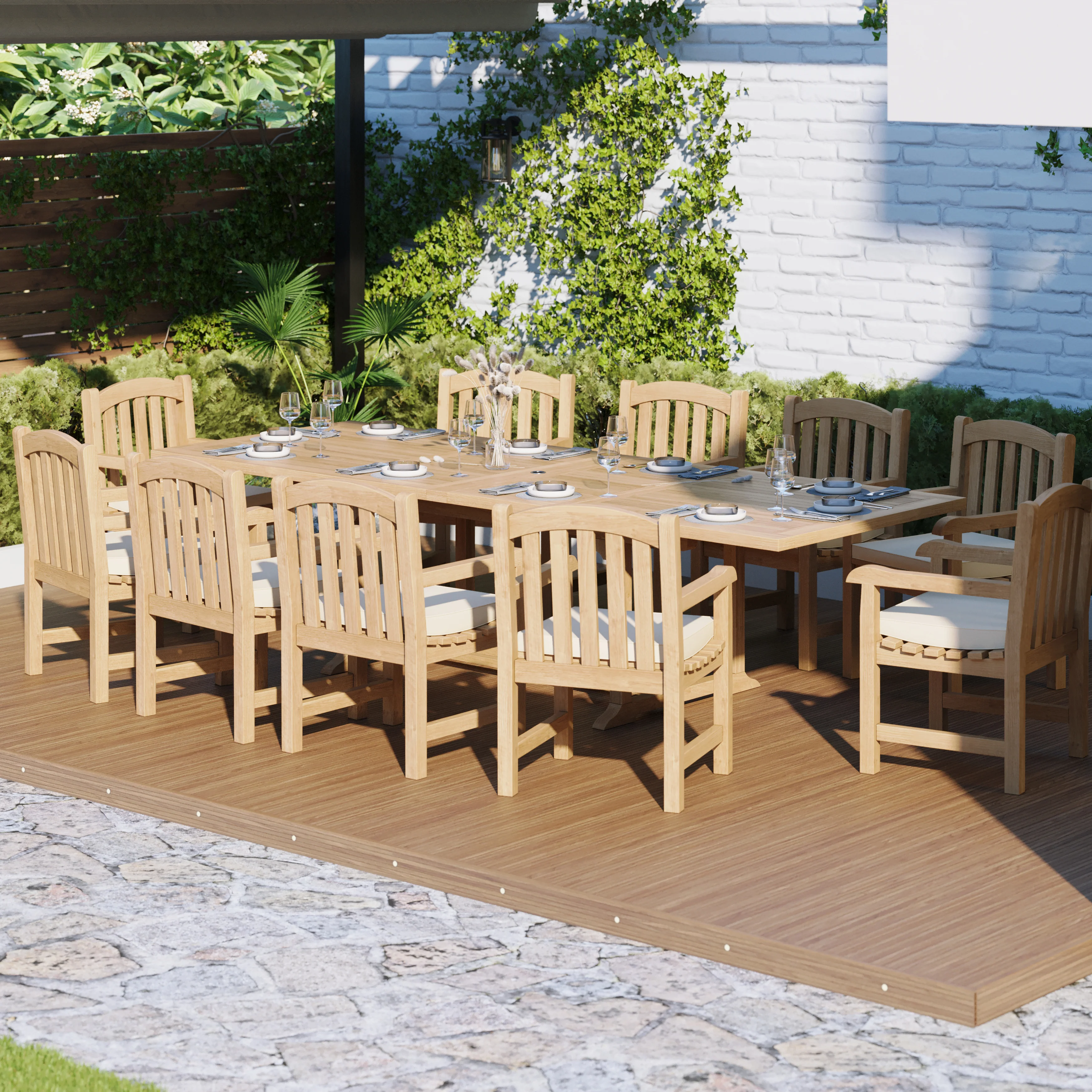 Teak 2m-3m Rectangle Extending Table with 10 Warwick Chairs - Image 3