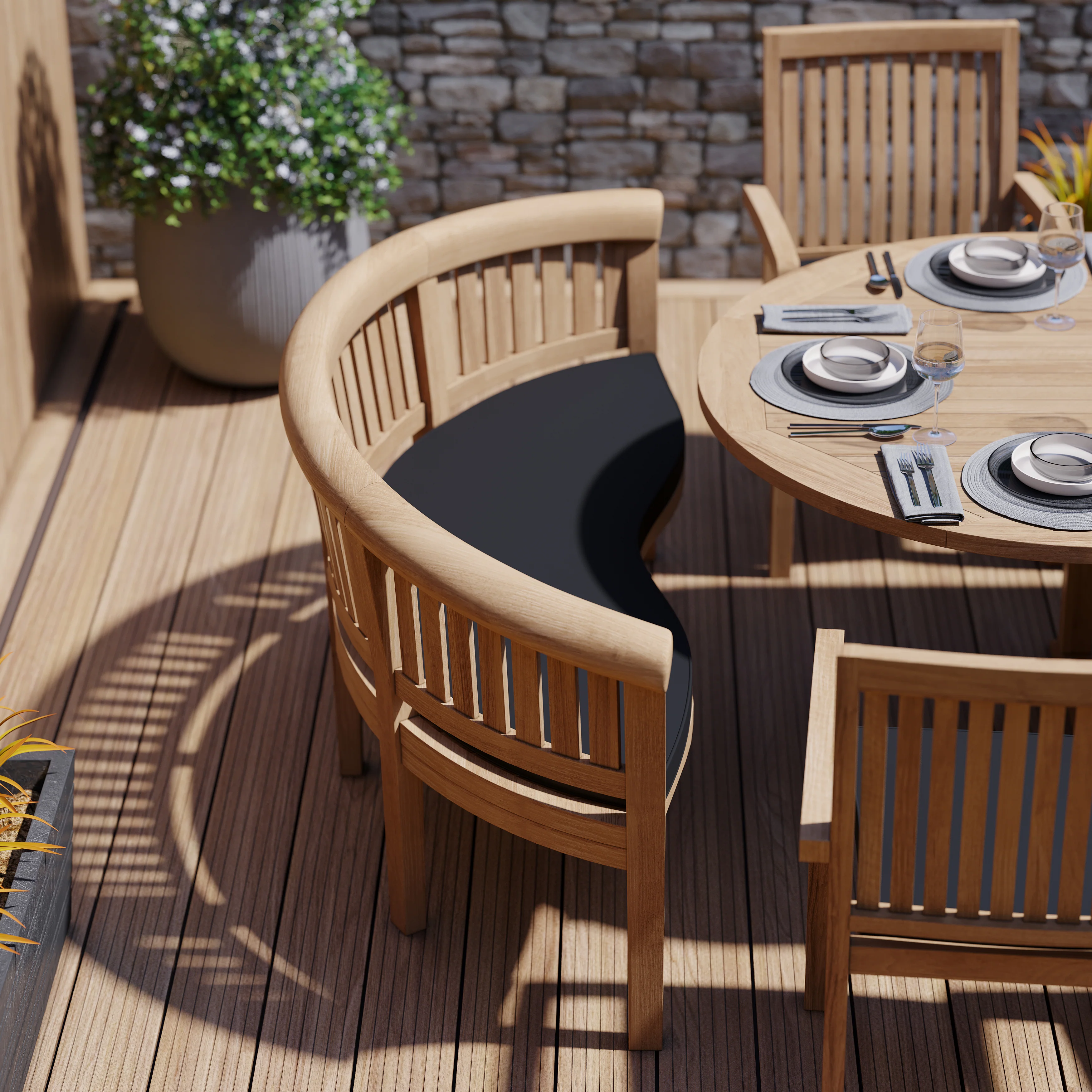 Teak 180-240cm Oval Extending Table 4cm Top (6 Henley Stacking Chairs 2 San Francisco Benches) Cushions included. - Image 3