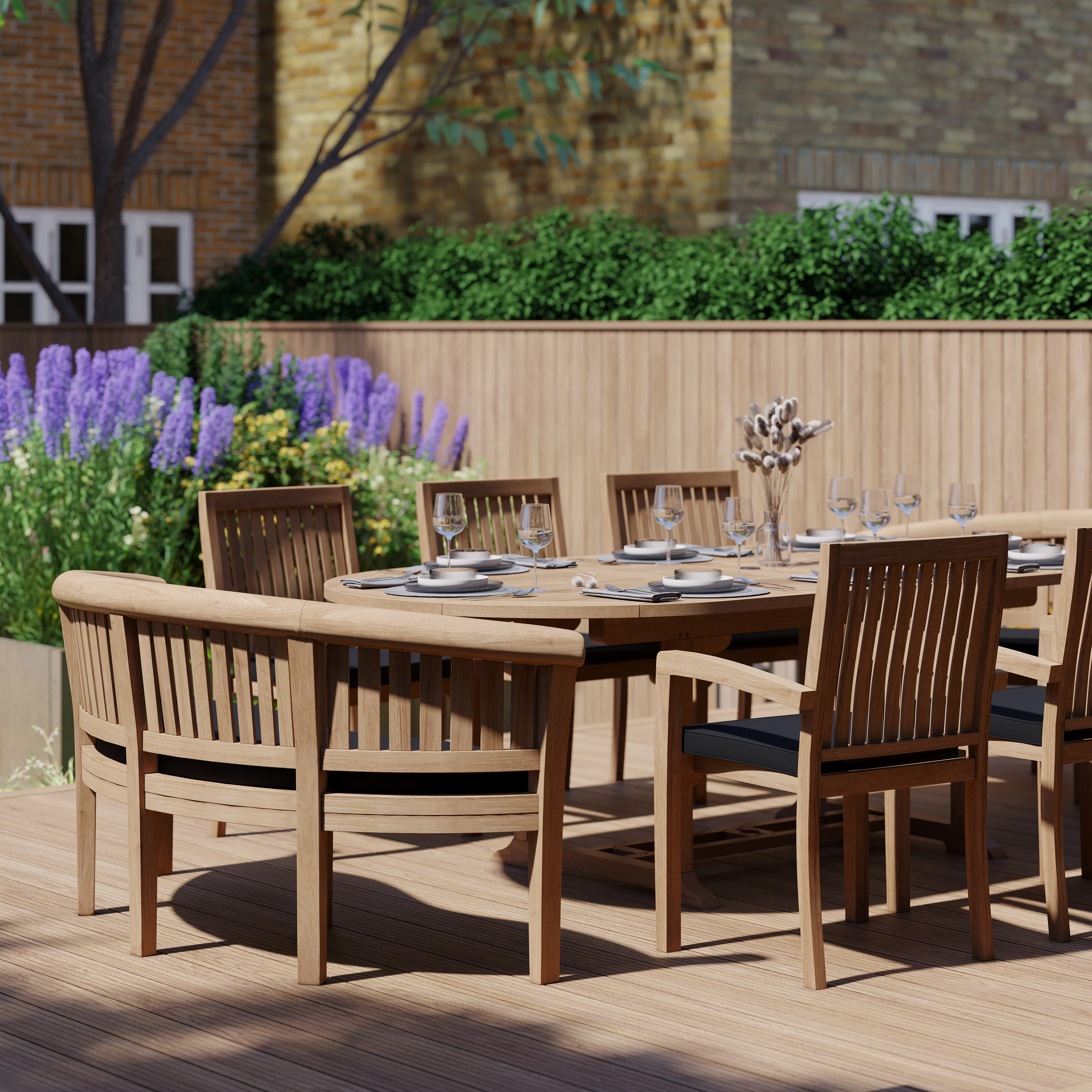 Teak 180-240cm Oval Extending Table 4cm Top (6 Henley Stacking Chairs 2 San Francisco Benches) Cushions included. - Image 4
