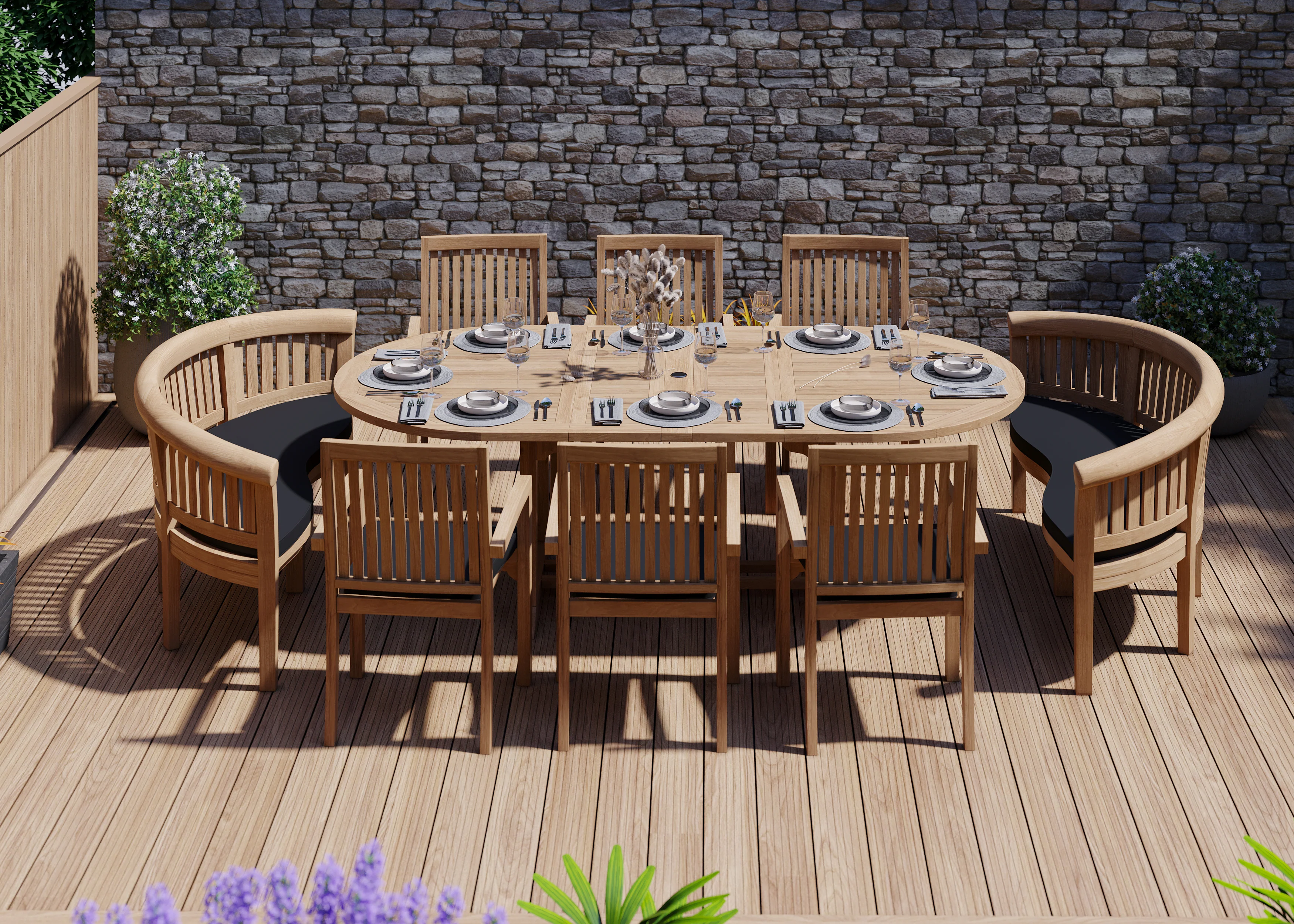 Teak 180-240cm Oval Extending Table 4cm Top (6 Henley Stacking Chairs 2 San Francisco Benches) Cushions included. - Image 5