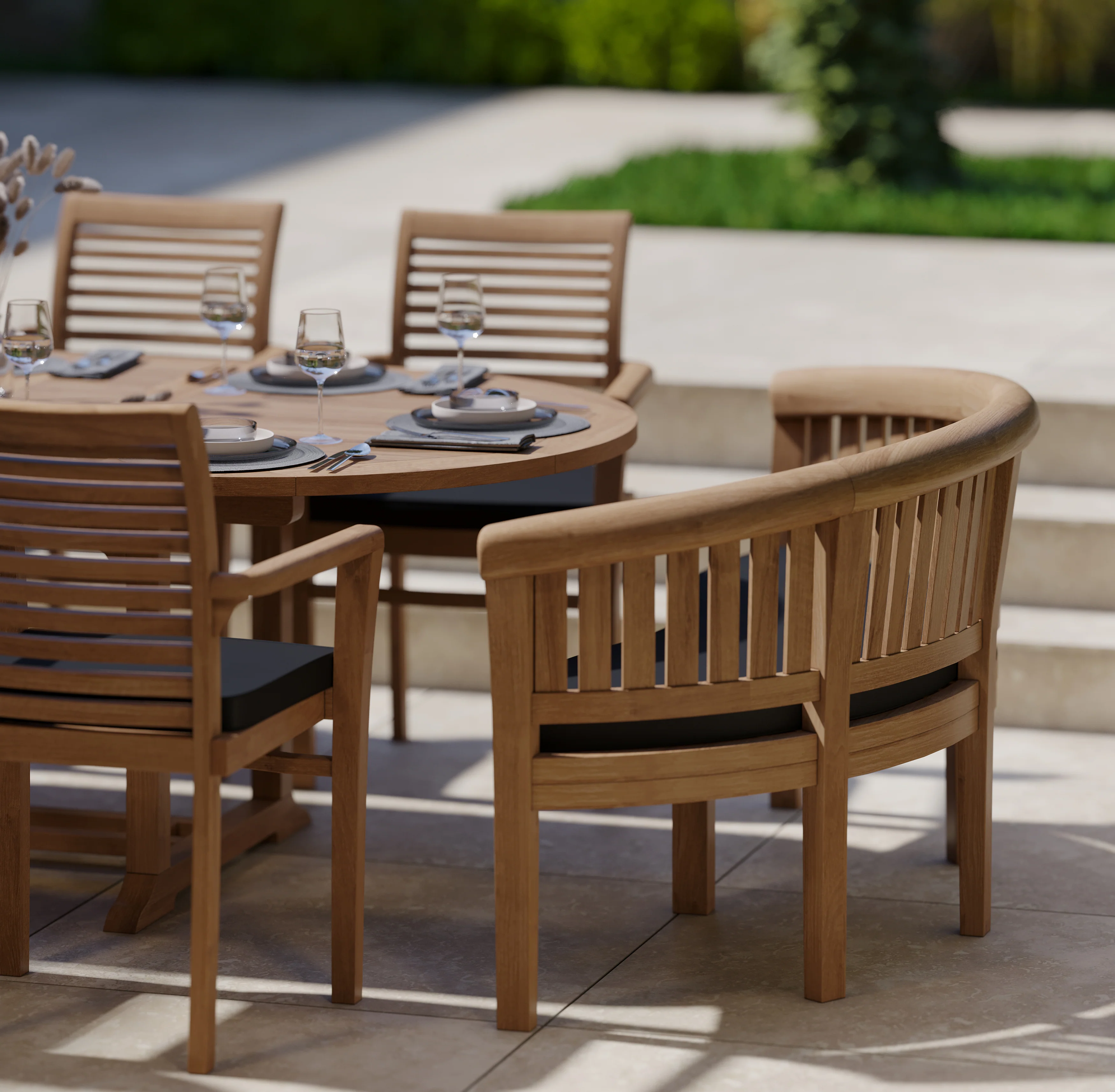 Teak 180-240cm Oval Extending Table 4cm Top and 120cm Wide with 6 Oxford Stacking Chairs 2 San Francisco Benches, Free Cushions - Image 3