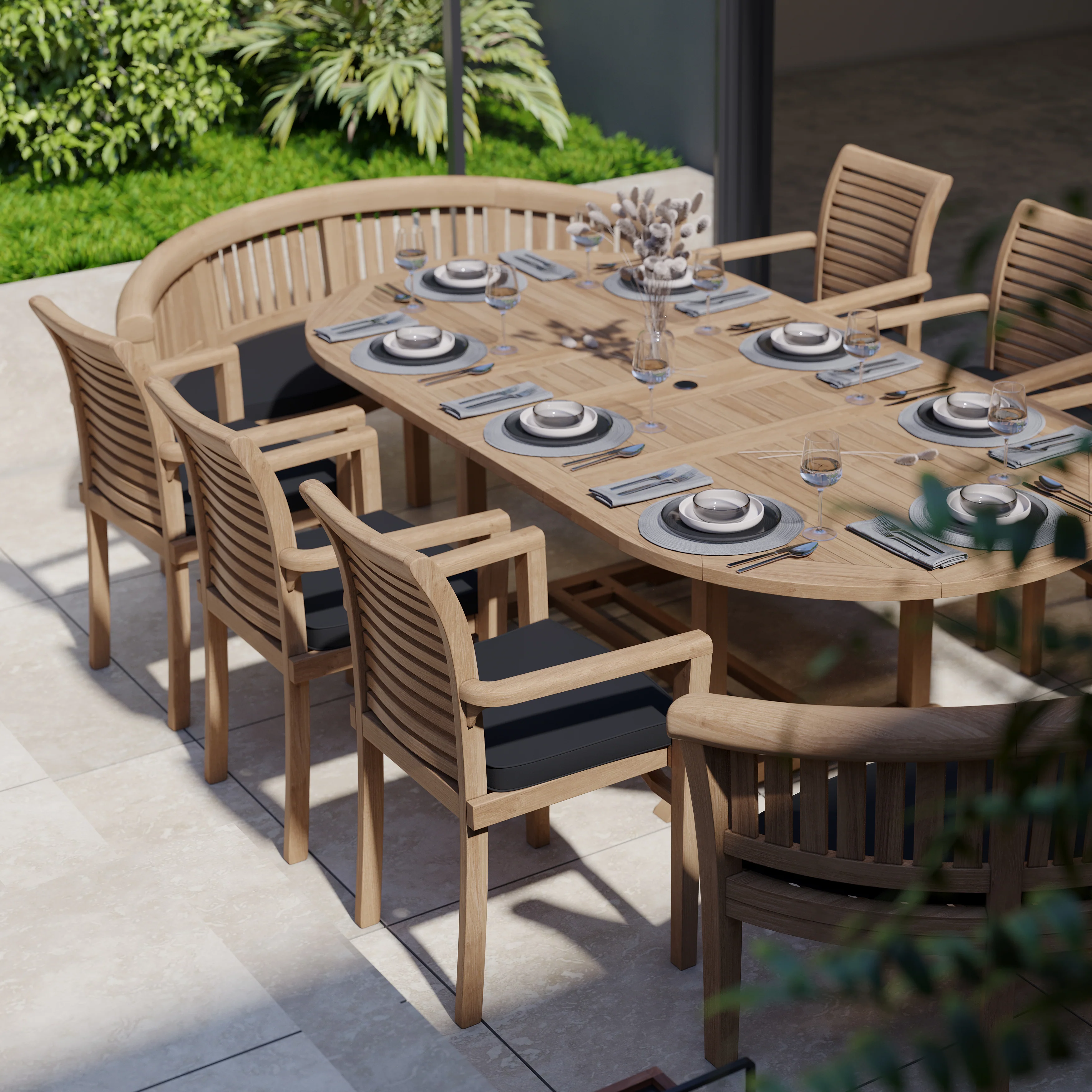 Teak 180-240cm Oval Extending Table 4cm Top and 120cm Wide with 6 Oxford Stacking Chairs 2 San Francisco Benches, Free Cushions - Image 4