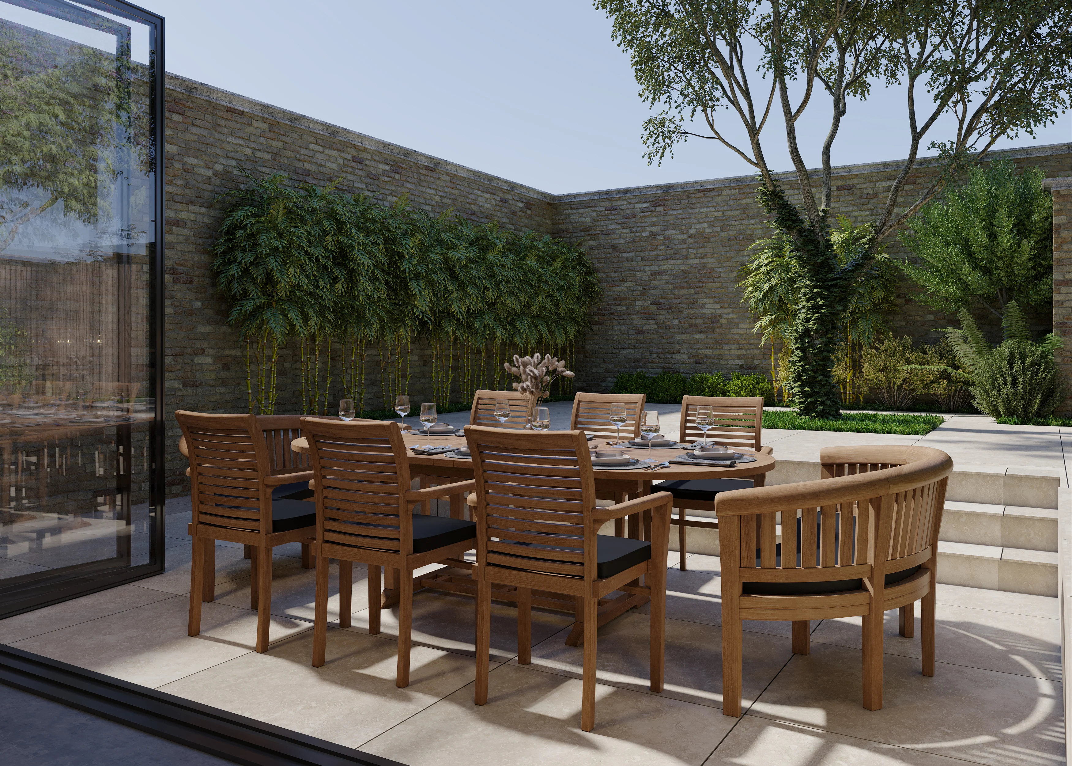 Teak 180-240cm Oval Extending Table 4cm Top and 120cm Wide with 6 Oxford Stacking Chairs 2 San Francisco Benches, Free Cushions - Image 5