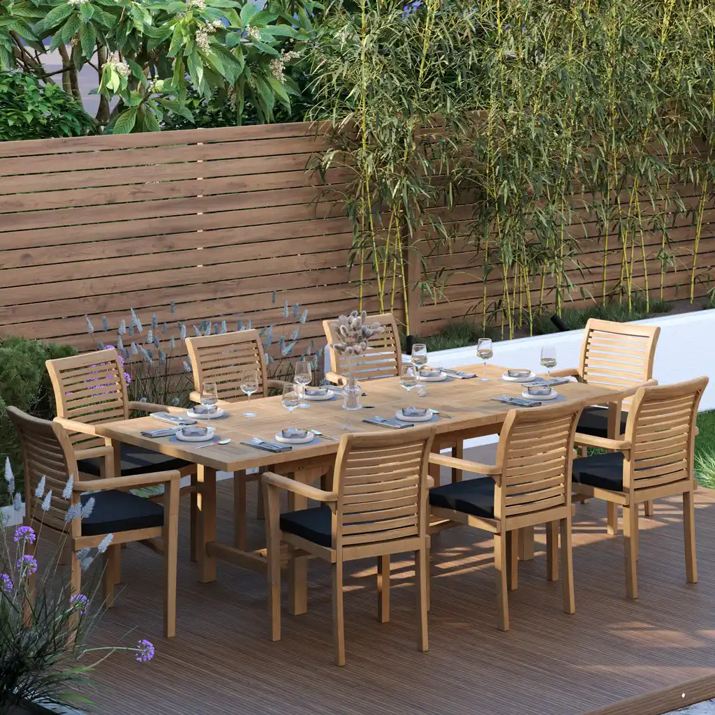 Teak Rectangle 180-240cm Extending Table 4cm Top (8 Oxford Stacking Chairs) Cushions included - Image 3