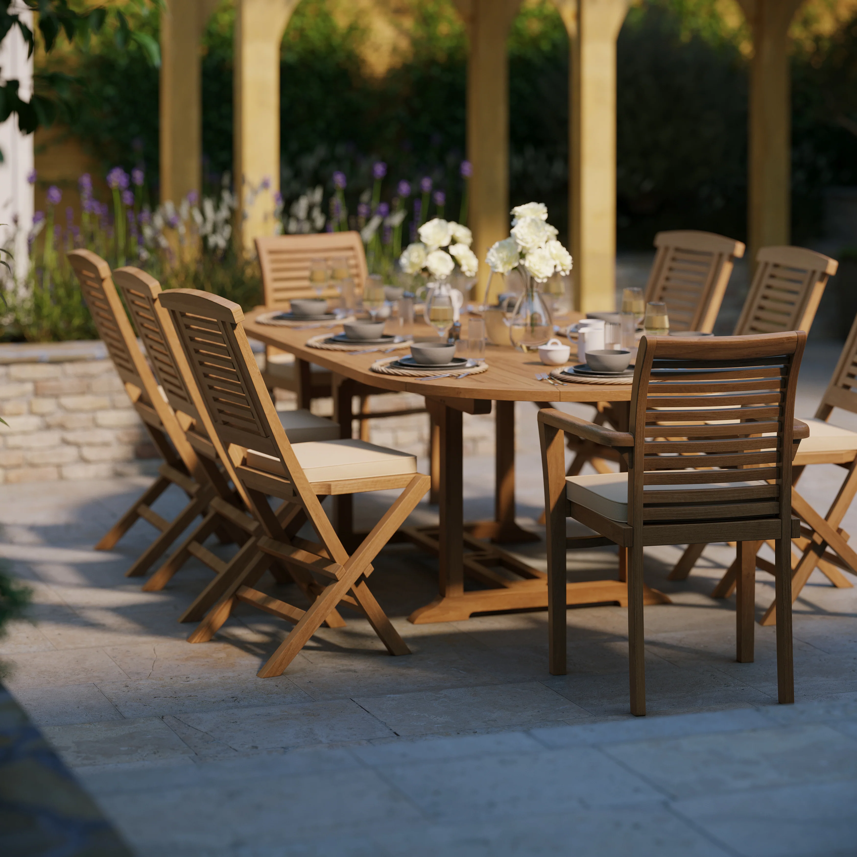 Teak 180cm to 240cm Oval Extending Table with 6 Hampton Chairs & 2 Oxford Stacking Chairs - Image 3