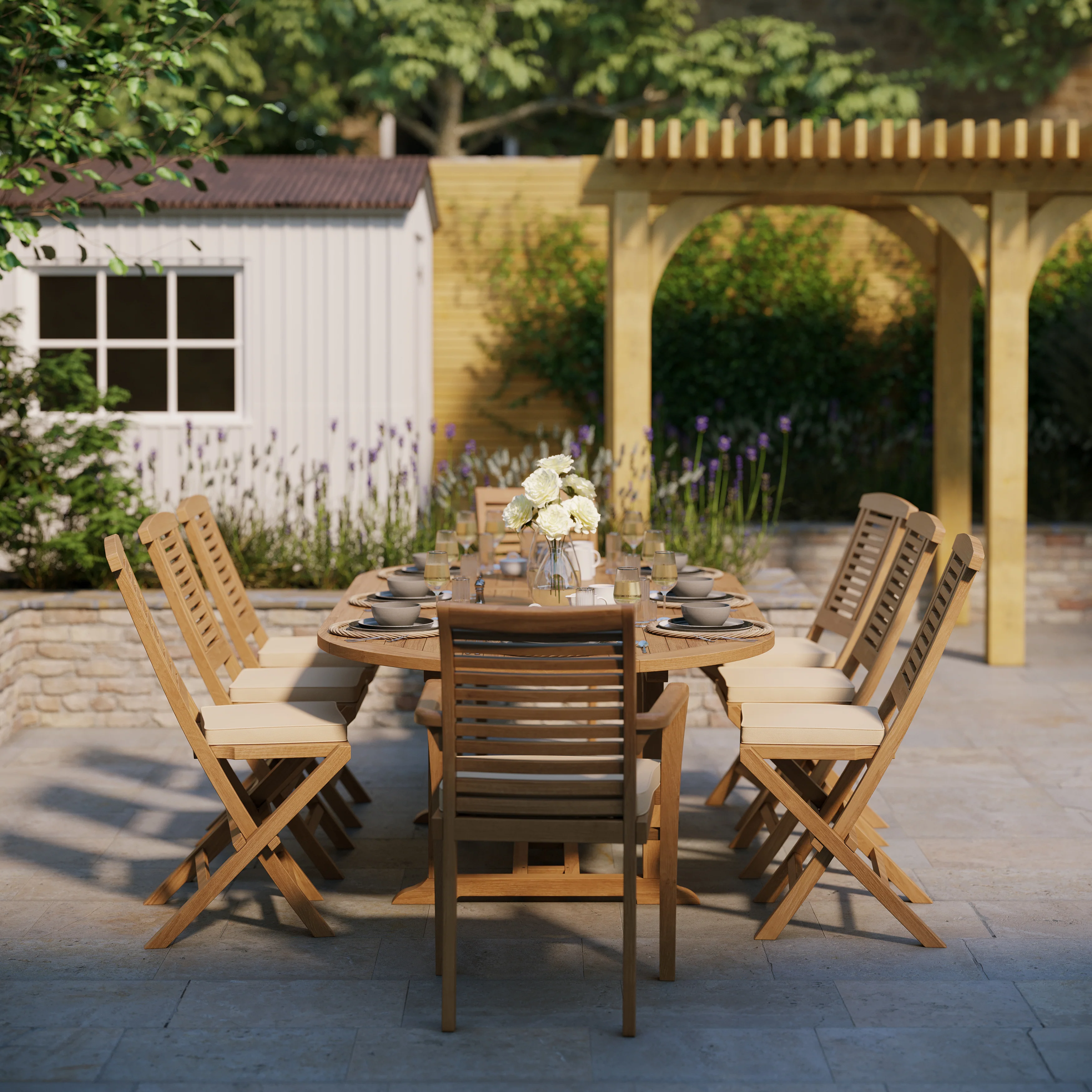 Teak 180cm to 240cm Oval Extending Table with 6 Hampton Chairs & 2 Oxford Stacking Chairs - Image 4