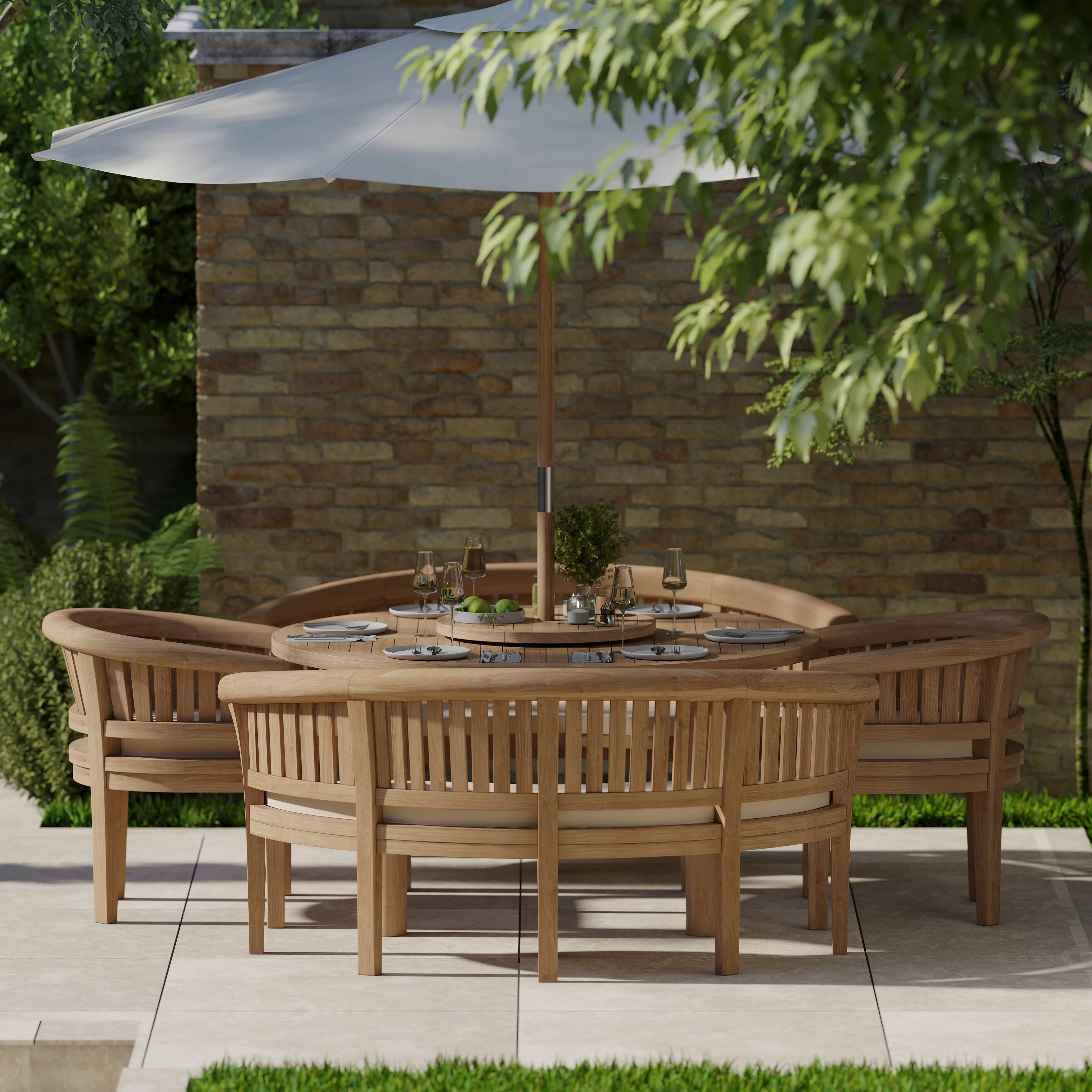 Teak Set 150cm Maximus Round Table 4cm Top (2 San Francisco Benches, 2 San Francisco Chairs) Cushions included. - Image 3