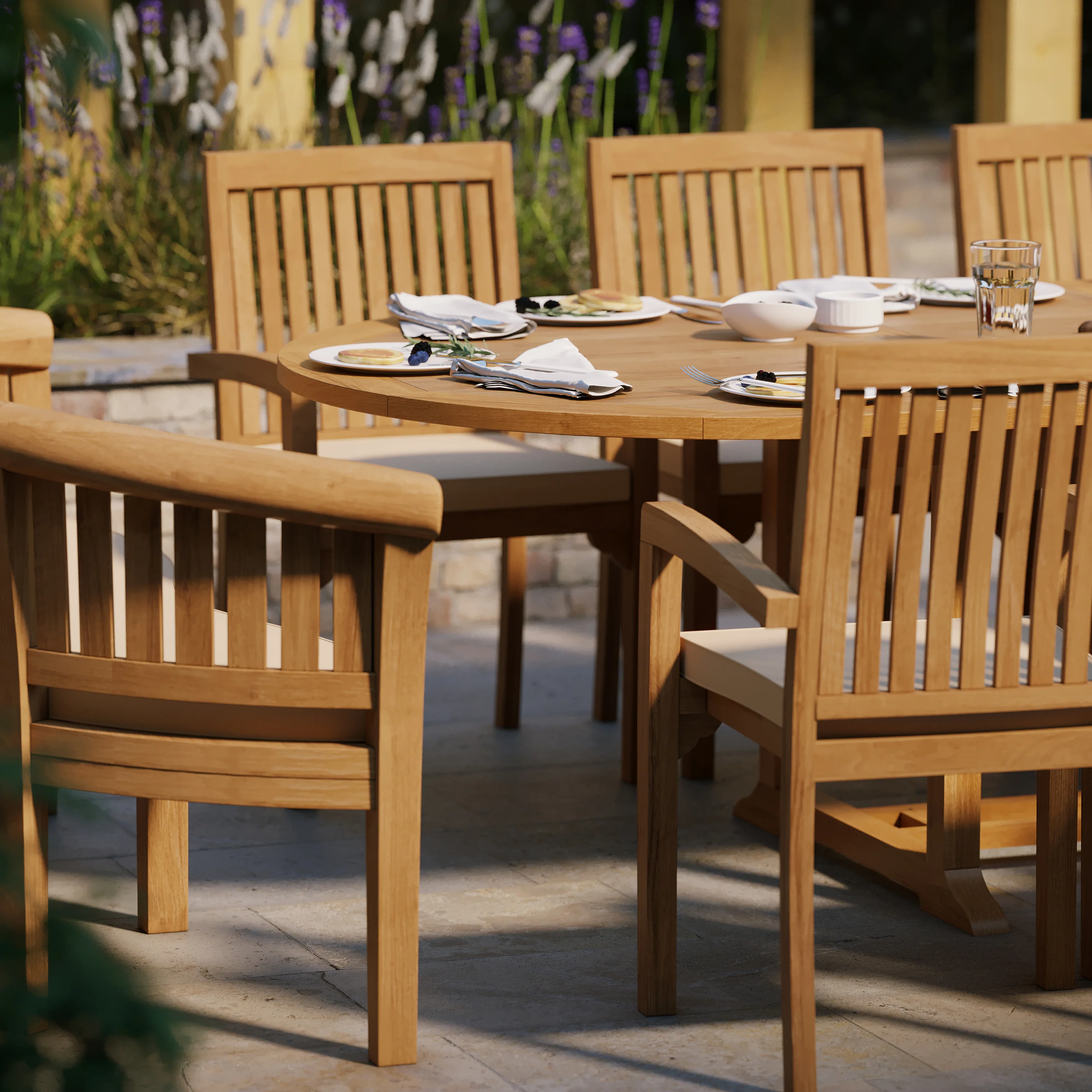 Teak 2-3m Oval Extending Table 4cm Top (8 Henley Stacking Chairs 2 San Francisco Benches) Free Cushions. - Image 4