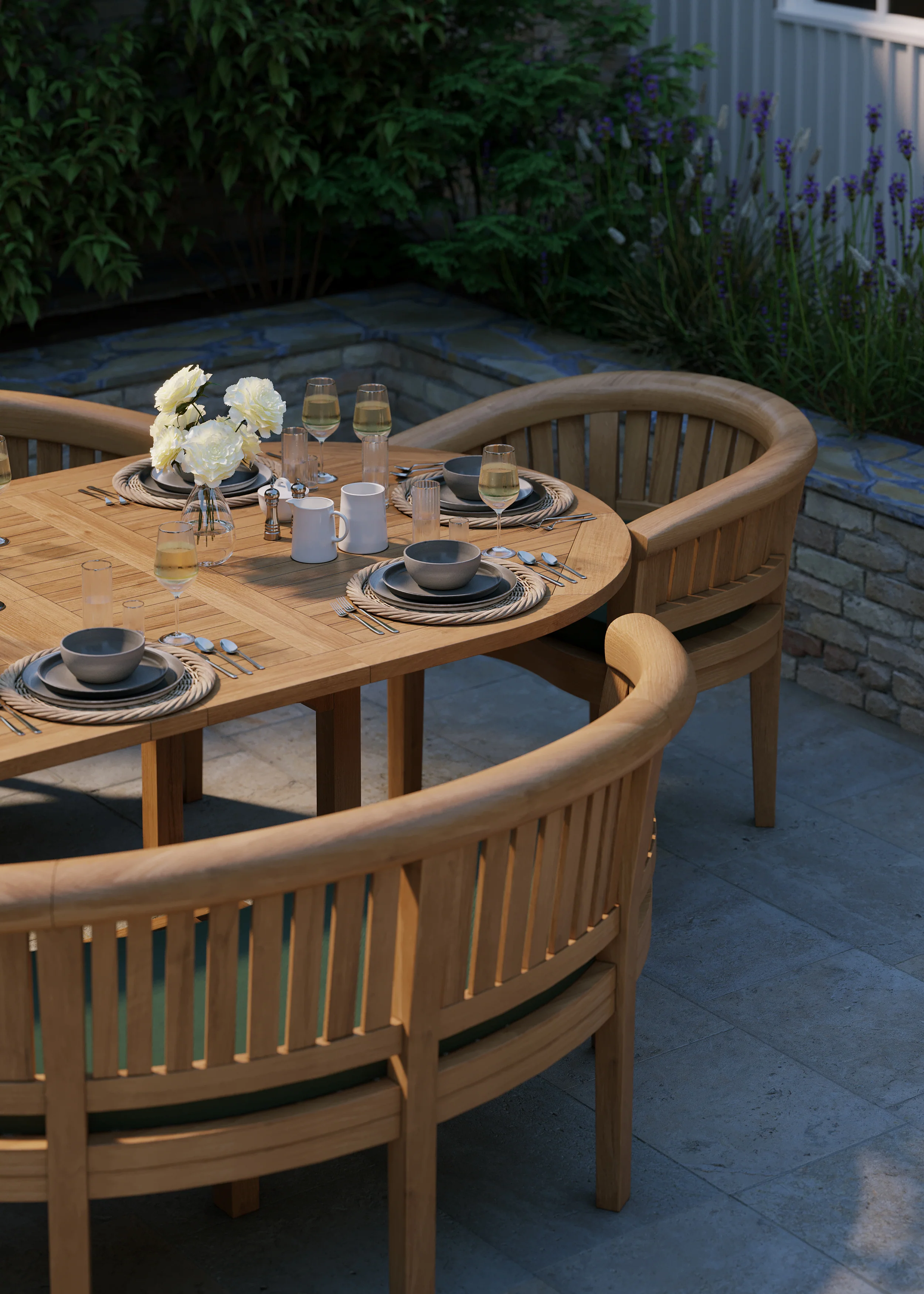 Teak Set Oval 180-240cm Extending Table 4cm Top (2 San Francisco Chairs 2 Benches) Cushions included. - Image 4