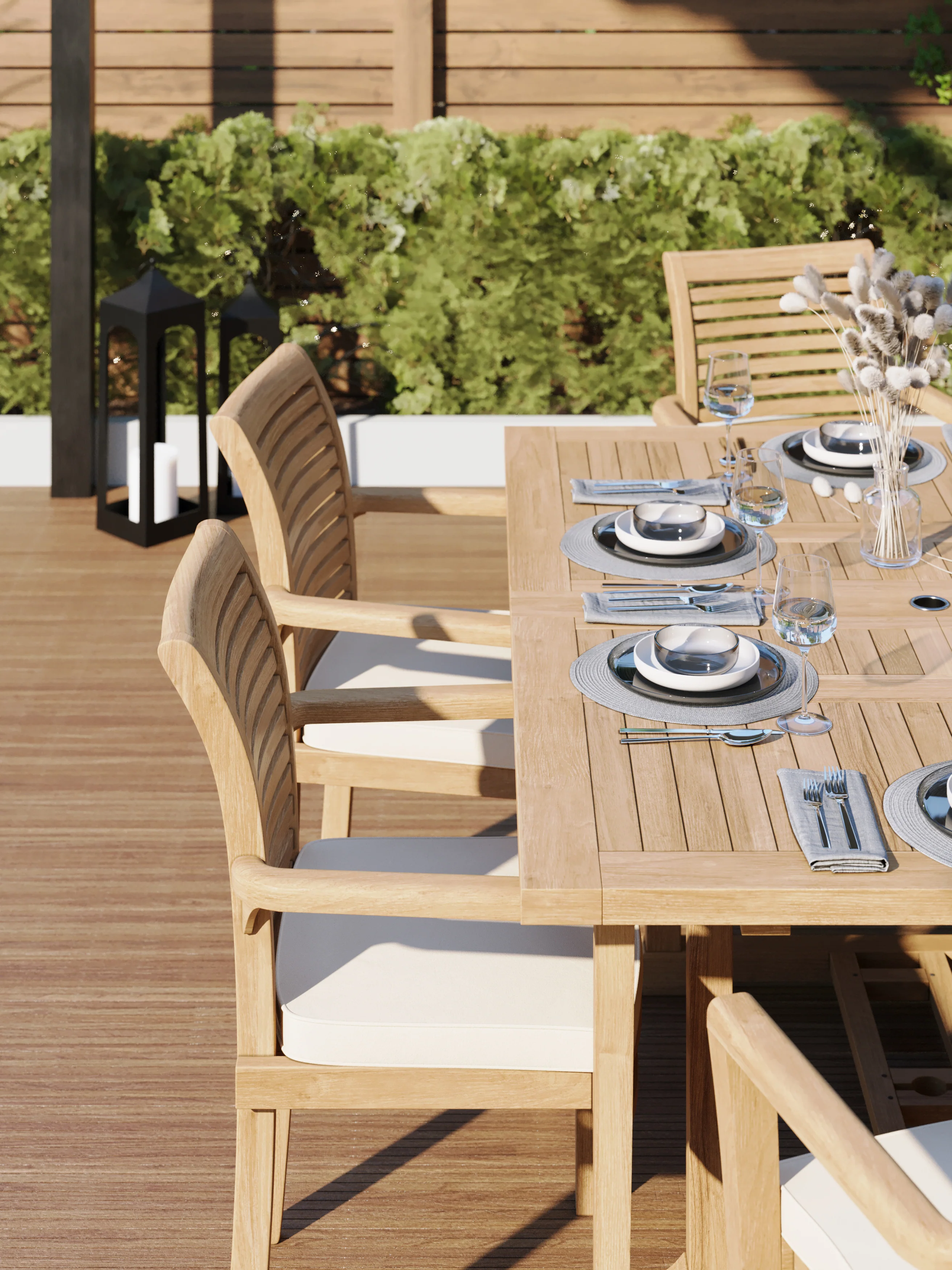 Teak Square to Rectangle 120-170cm Extending Table 4cm Top (6 Oxford Stacking Chairs) Cushions included. - Image 5