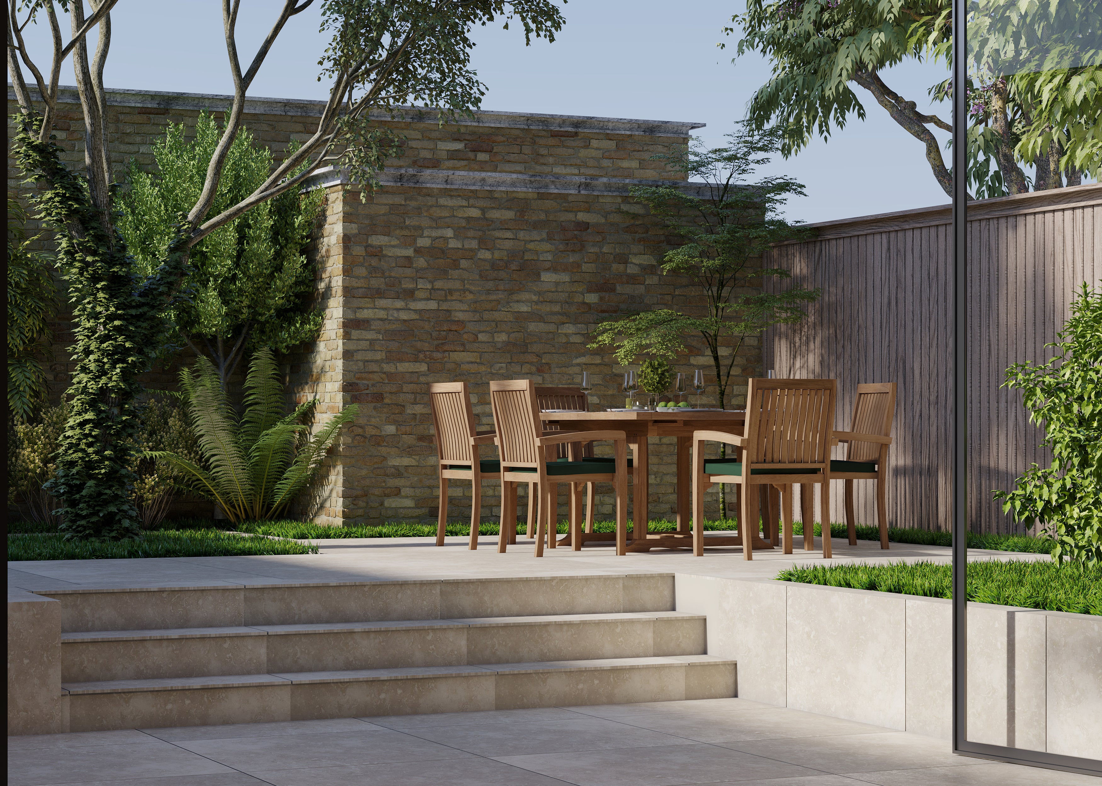 Teak Square To Rectangle 120-170cm Extending Table 4cm Top (6 Henley Stacking Chairs) Cushions included. - Image 4