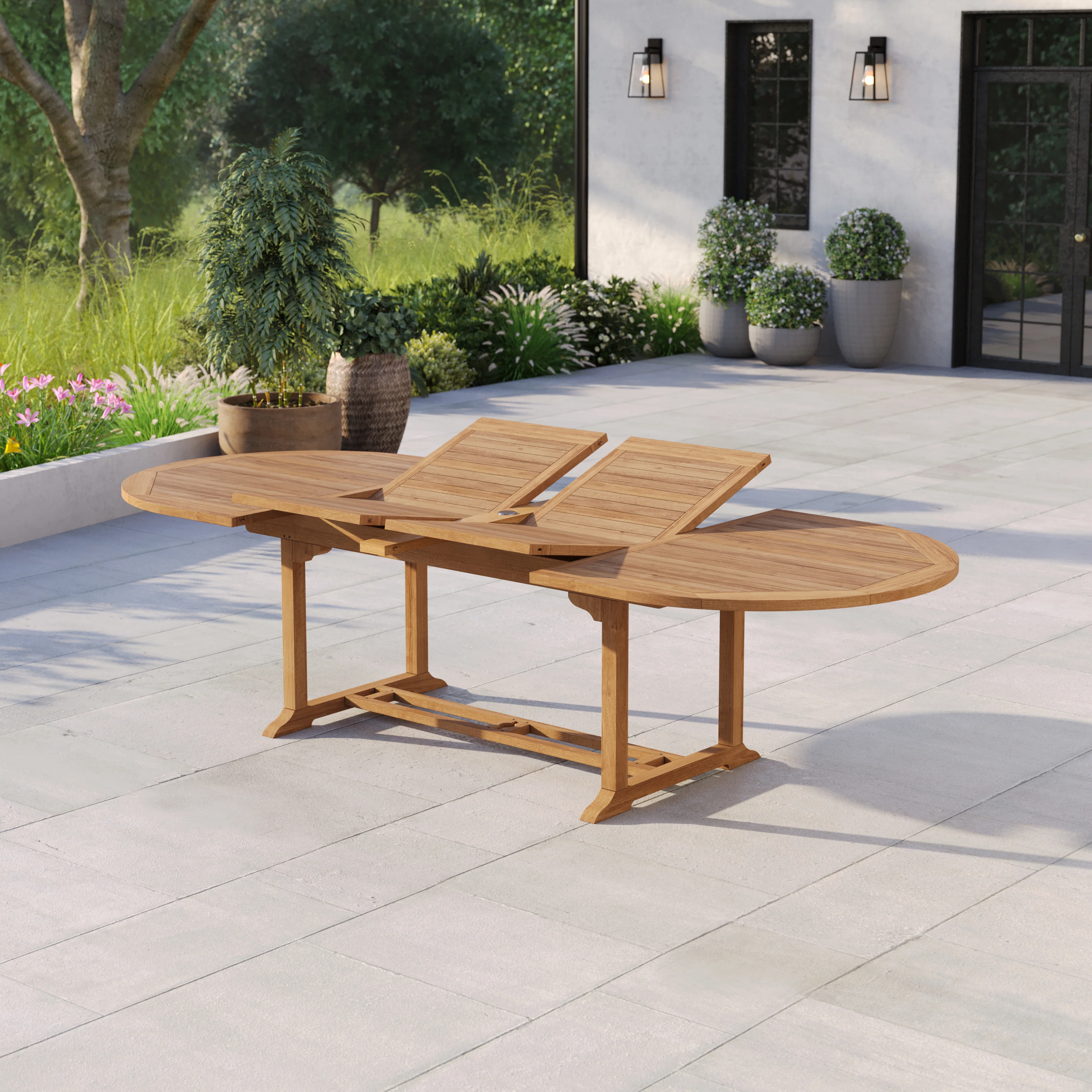 Giant Teak Oval Set 2-3m Extending Table with 12 Oxford Stacking Chairs - Image 6