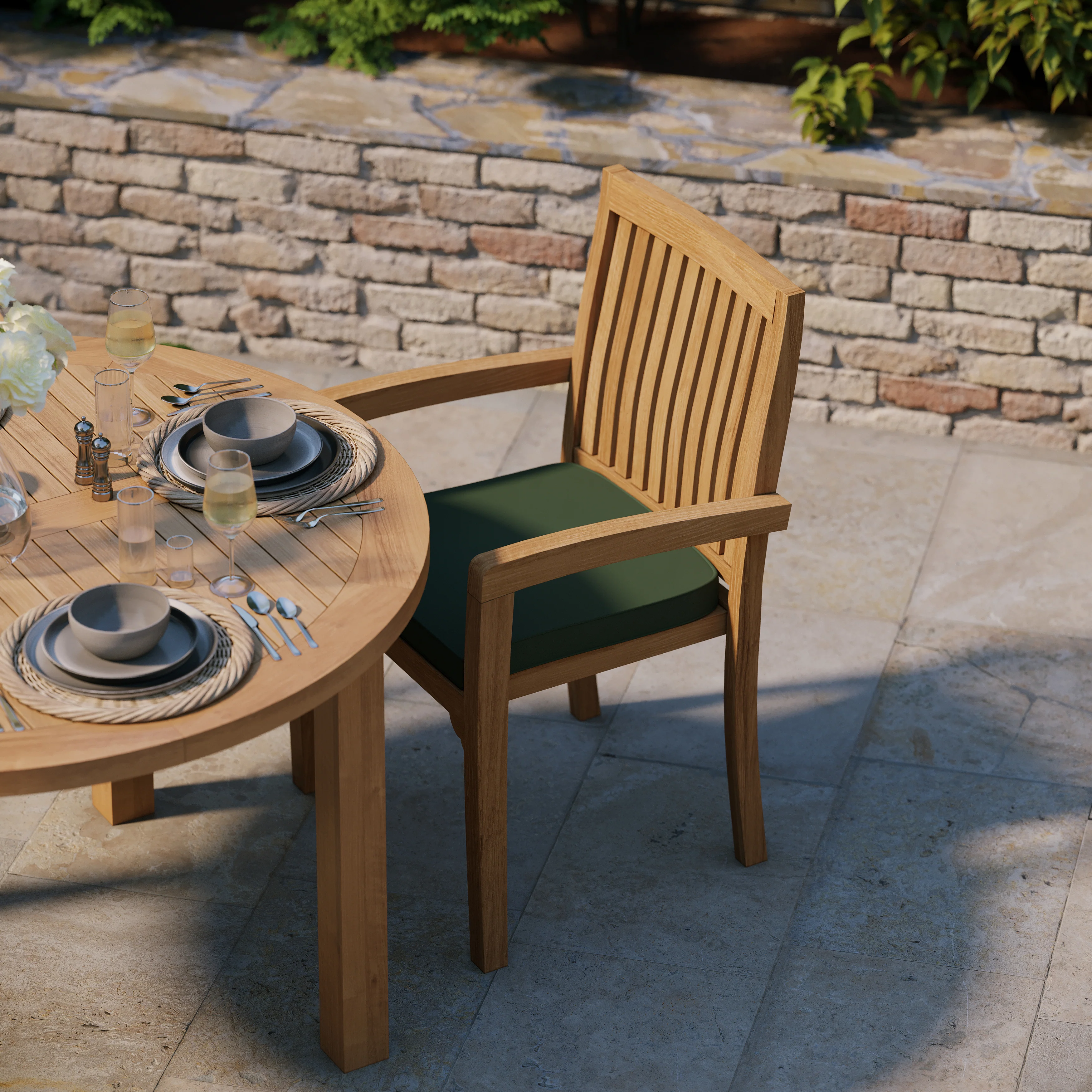 Teak Set 120cm Maximus Round Fixed Table, 4cm Top (4 x Henley Stacking Chairs) Cushions included. - Image 5