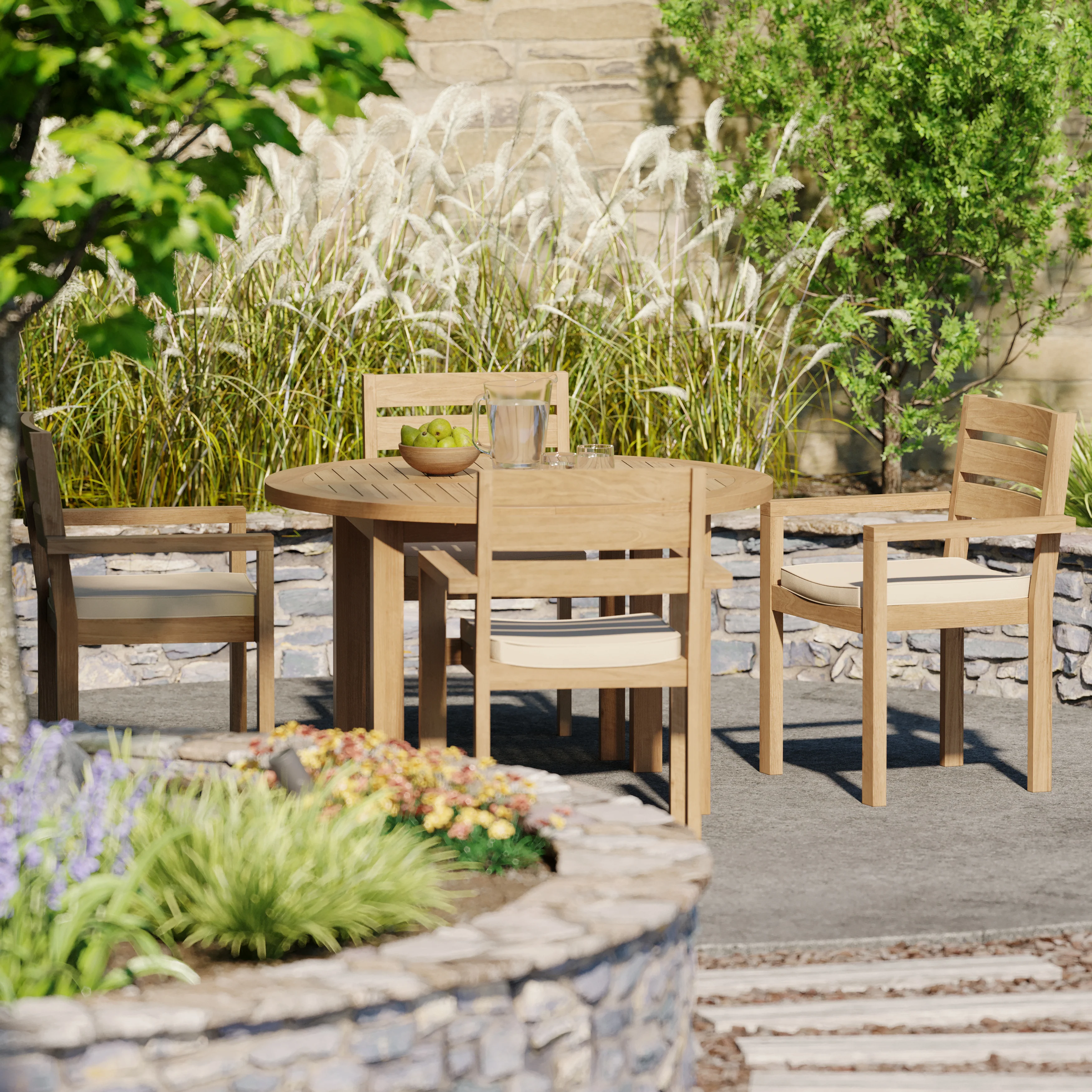Teak Set 120cm Maximus Round Fixed Table with 4 Marlow Stacking Chairs - Image 4