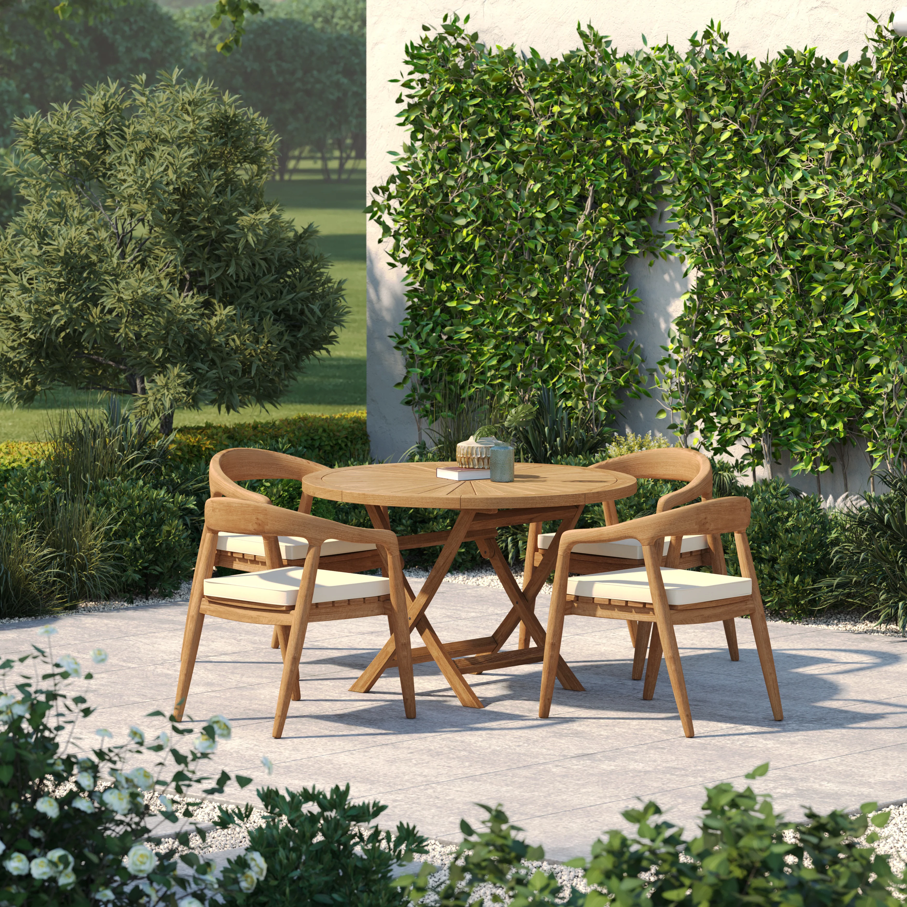 Teak Set 120cm Sunshine Folding Table 4cm Top with 4 Sydney Chairs – Teak Garden Dining Set, Free Cushions - Image 6