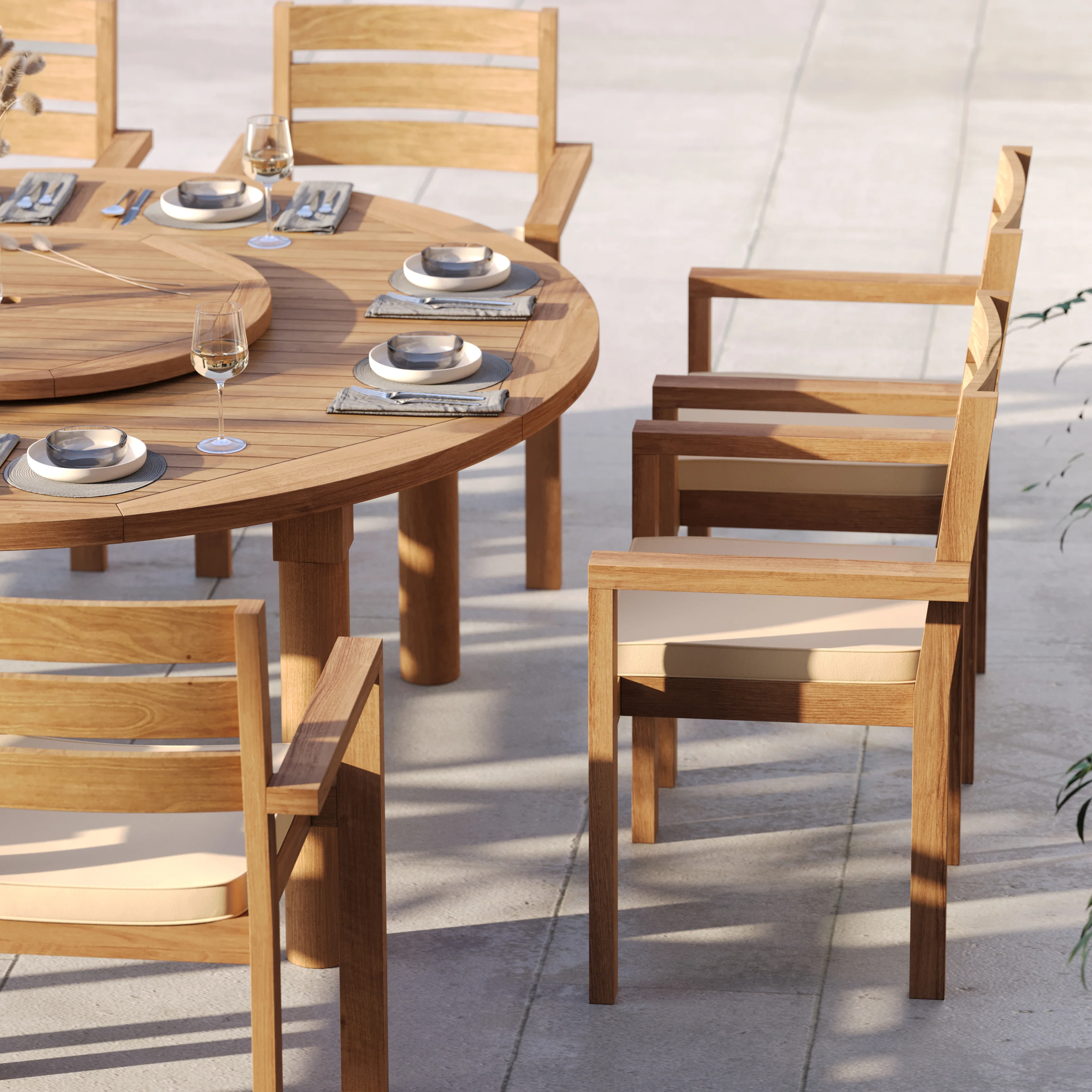 Teak Set 180cm Maximus Round Fixed Table with 8 Marlow Stacking Chairs – Premium Teak Garden Dining Set - Image 6
