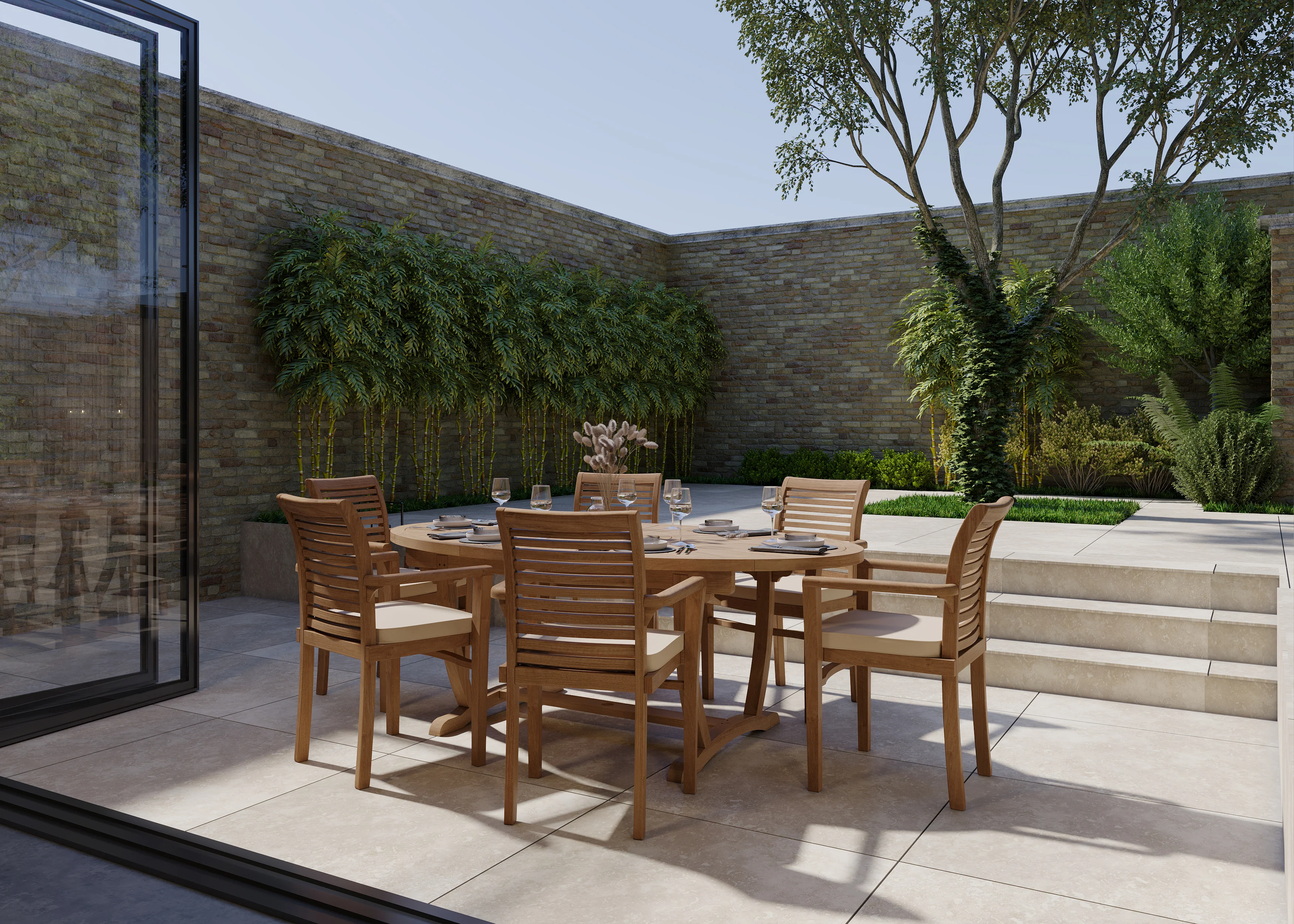 Teak Set 2m Sunshine Table with 6 Oxford Stacking Chairs - Image 3