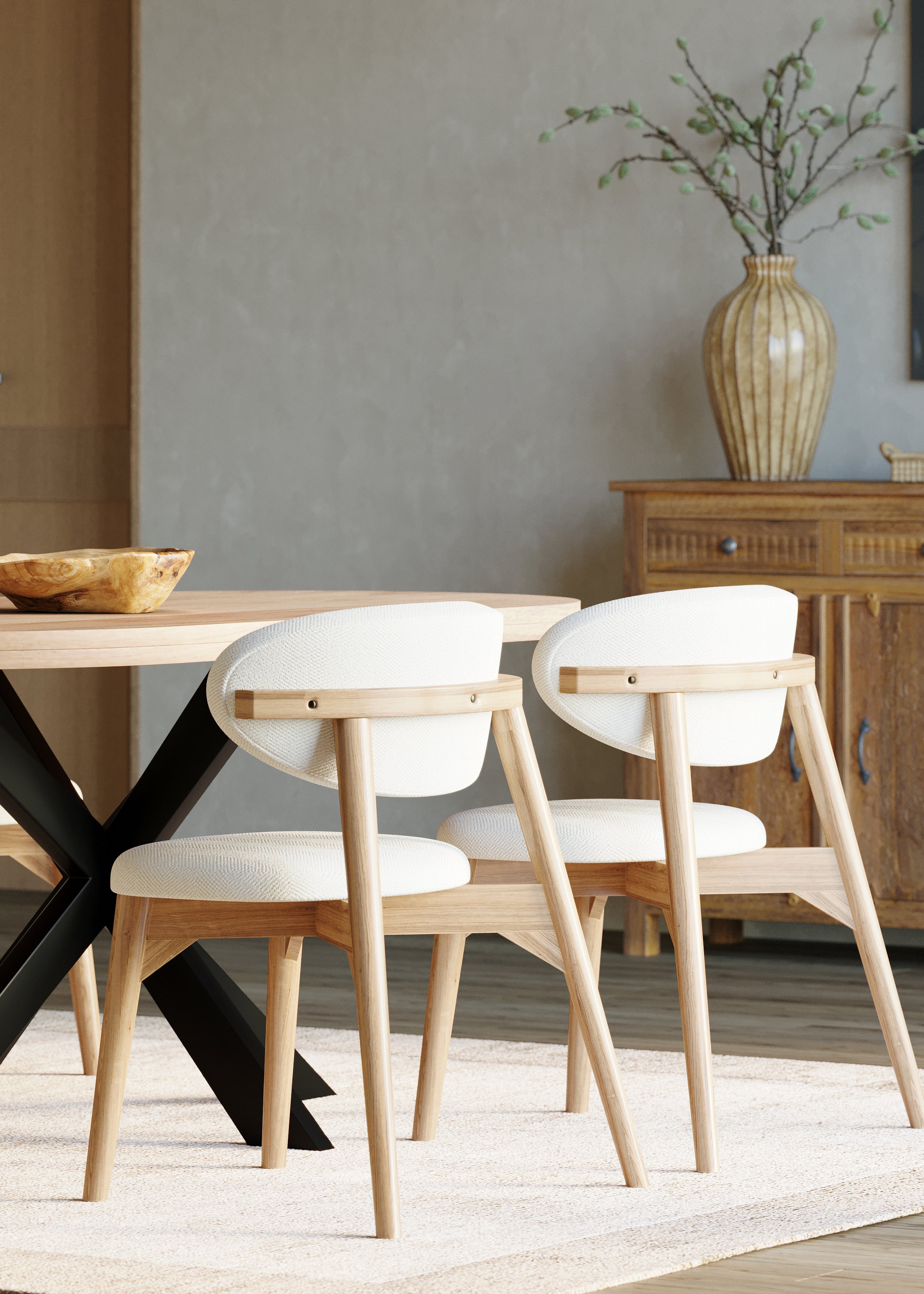 2 x Okra Cream Cotton Chairs with Curved Back in Acacia - Image 4